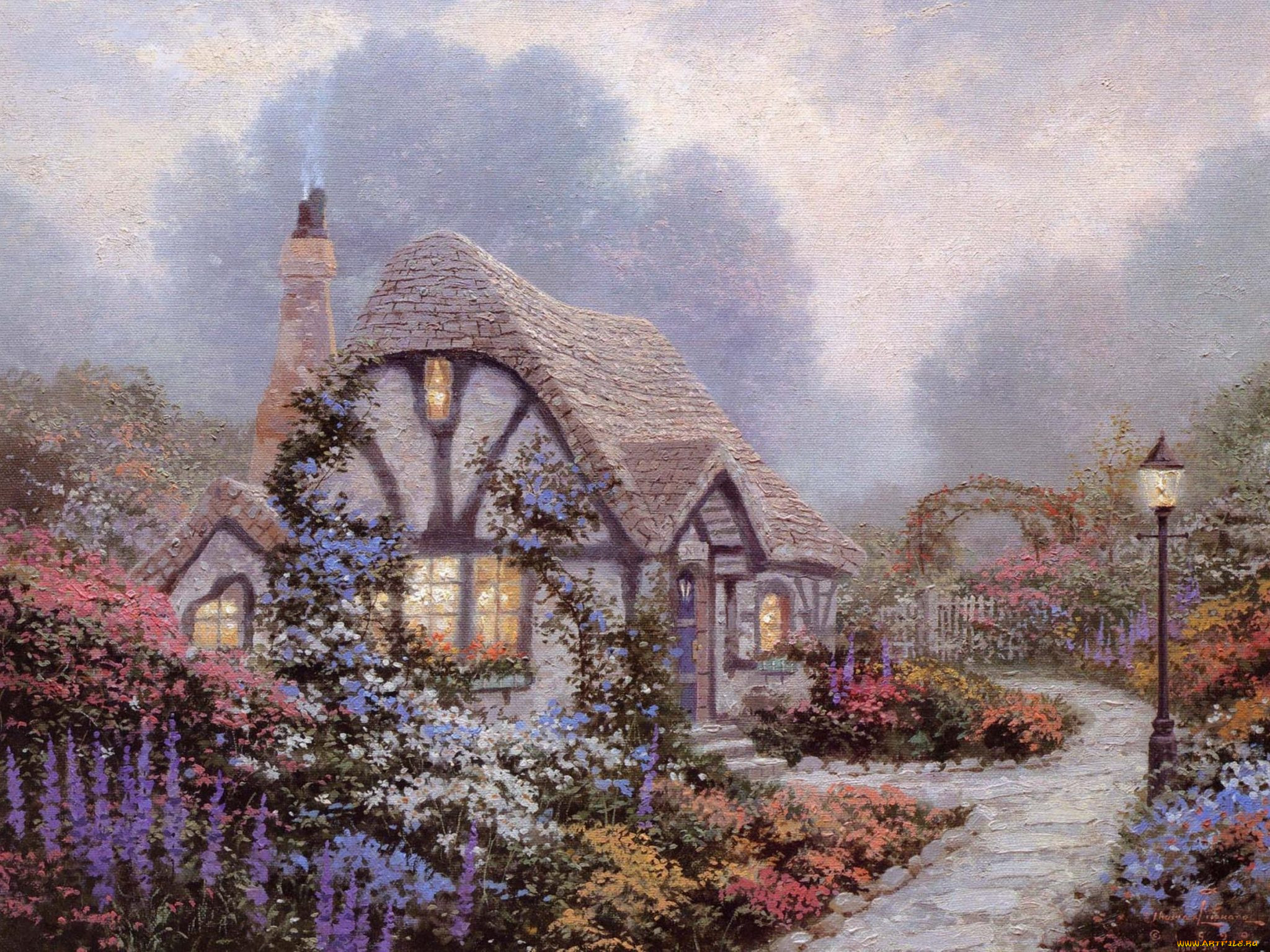 Обои Рисованное Thomas Kinkade, обои для рабочего стола, фотографии  рисованное, thomas kinkade, дорожка, сад, фонари, цветы, коттедж, дом Обои  для рабочего стола, скачать обои картинки заставки на рабочий стол.